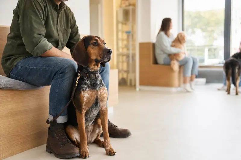 Ein Posavatz Laufhund sitzt ruhig neben seinem Besitzer im hellen Wartezimmer einer modernen Tierarztpraxis.
